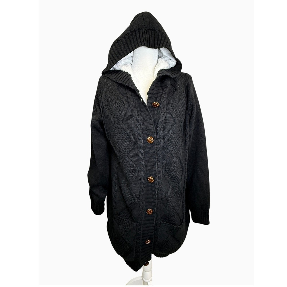 Women's XXL Black Cable Knit Hooded Sherpa Lined Long Cardigan Sweater Coat